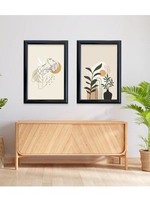 Kadın Boho Art&boho Vazo Soyut 2'li Çerçeveli Camlı  Tablo 23.5 x 33,5