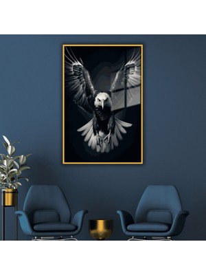 Gaagart Metal Çerçeveli Temperli Cam Tablo Karşıdan Siyah Beyaz Kartal