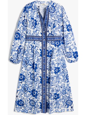 Koton Mandarin Yaka Balon Kol Düğmeli Pamuklu Uzun Çiçekli Elbise