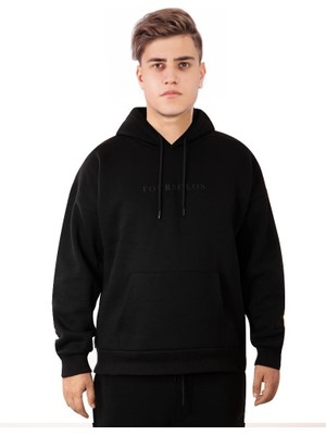 Four Solos Siyah Erkek Hoodie, Kanguru Cepli, Kapüşonlu, 3 Iplik Kumaş