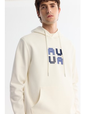 AVVA Erkek Ekru Kapüşonlu Pamuklu Baskılı Elastan Regular Fit Sweatshirt A42Y1324