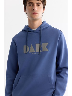 AVVA Erkek Mavi Kapüşonlu Pamuklu Baskılı Elastan Regular Fit Sweatshirt A42Y1322