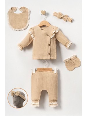 Miniğimin Cicileri (0-3 Ay) Dantelli Müslin Kız Bebektakım - Camel
