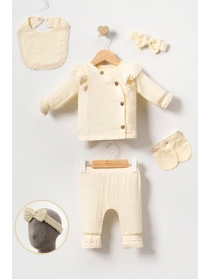 Miniğimin Cicileri (0-3 Ay) Dantelli Müslin Kız Bebektakım - Krem