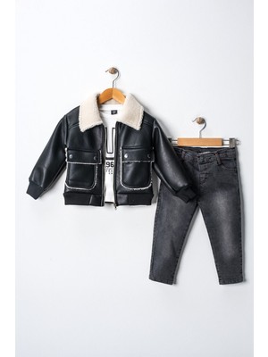 Miniğimin Cicileri Deri Kürklü Cepli Montlu Run Baskı 3 Lü Erkek çocuk takım - Siyah
