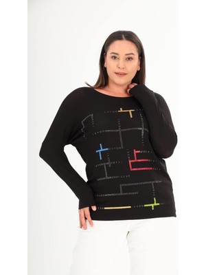 Kısmet Sepeti Kadın Renkli Taşlı Yuvarlak Yaka Reglan Kol Siyah Bluz