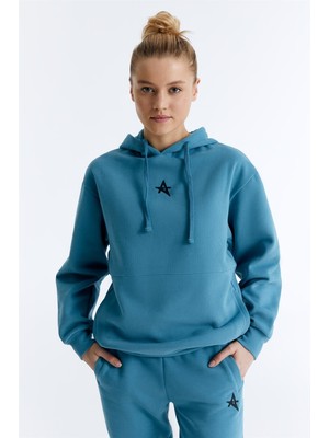 ED7749-07 Star Kadın Kapüşonlu Sweatshirt'ü Petrol Mavisi