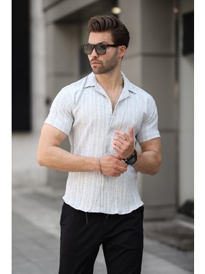 Erkek Yazlık Likralı Slim Fit Gömlek Yaka Kısa Kollu Gömlek