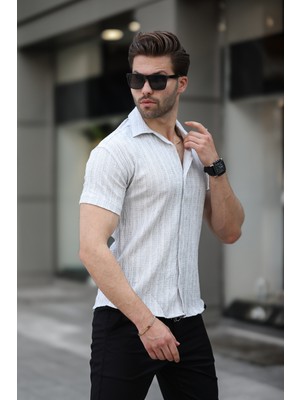 Erkek Yazlık Likralı Slim Fit Gömlek Yaka Kısa Kollu Gömlek