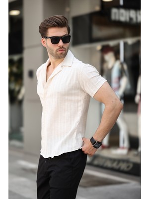 Erkek Yazlık Likralı Slim Fit Gömlek Yaka Kısa Kollu Gömlek
