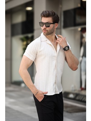 Erkek Yazlık Likralı Slim Fit Gömlek Yaka Kısa Kollu Gömlek