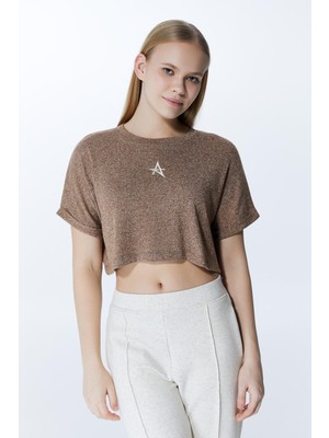 ED2307-03 Victoria Crop Viskon Keten Genç Kız ve Kadın  Tişört Kahve Bej