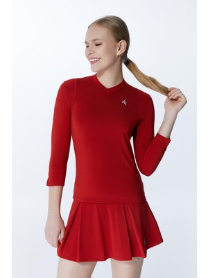 ED7755-04 Elena Dry-Touch V-Yaka Uzun Kollu Kadın Tenis , Koşu Üstü , Kırmızı