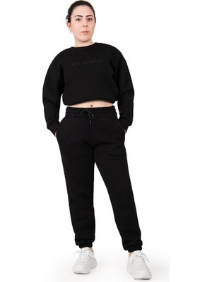 FourSolos Siyah Kadın Jogger, 3 Iplik Kumaş, Normal Fit, Pamuklu, Rahat, Esnek, Cepli