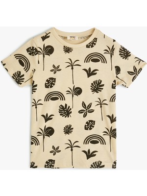 Koton Tişört Kısa Kollu Bisiklet Yaka Yaprak Baskılı Pamuklu