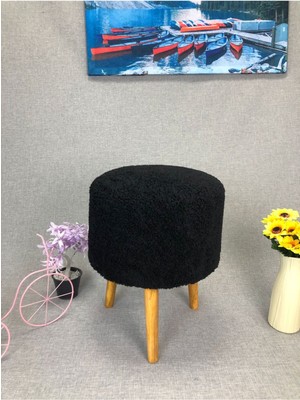 Beylerbeyi Coco Puf, Peluş,3 Ayak, Siyah,oturma Odası, Makyaj Masası Pufu