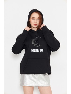 Taş Baskılı Ay Gibi Parla Yazılı Unisex Oversize Siyah Sweatshirt
