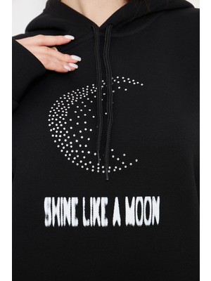 Taş Baskılı Ay Gibi Parla Yazılı Unisex Oversize Siyah Sweatshirt