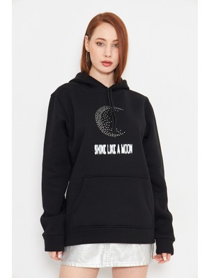 Taş Baskılı Ay Gibi Parla Yazılı Unisex Oversize Siyah Sweatshirt