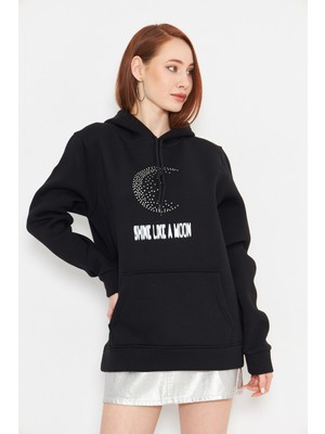 Taş Baskılı Ay Gibi Parla Yazılı Unisex Oversize Siyah Sweatshirt