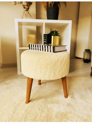 Beylerbeyi Coco Puf, Peluş,3 Ayak, Krem,oturma Odası, Makyaj Masası Pufu