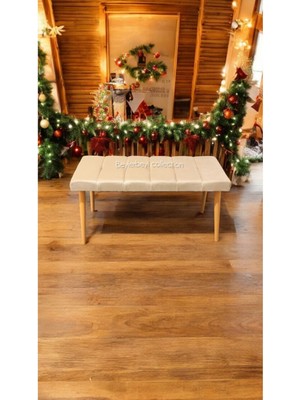 Beylerbeyi Ahşap Ayaklı Handmade Geniş Oturum Alanlı Krem Düz Kumaş Pofidik Puf Bench ,ayak Ucu Uzatmalık