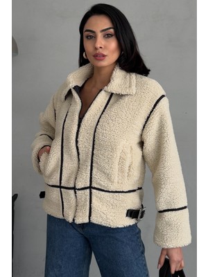 Moda Armanc Suni Deri Detaylı Peluş Kadın Ceket
