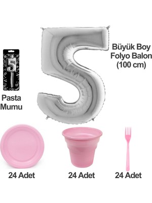 5 Yaş Pasta Mumu - 5 Yaş Folyo Balon - Tabak Bardak Çatal - Pembe