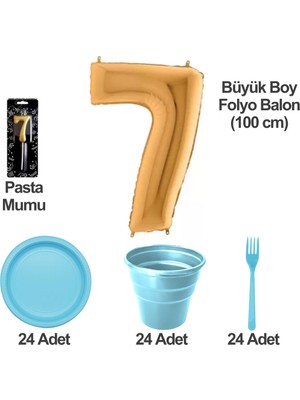 7 Yaş Pasta Mumu - 7 Yaş Folyo Balon - Tabak Bardak Çatal - Mavi