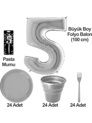 5 Yaş Pasta Mumu - 5 Yaş Folyo Balon - Tabak Bardak Çatal - Gri