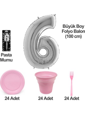 6 Yaş Pasta Mumu - 6 Yaş Folyo Balon - Tabak Bardak Çatal - Pembe