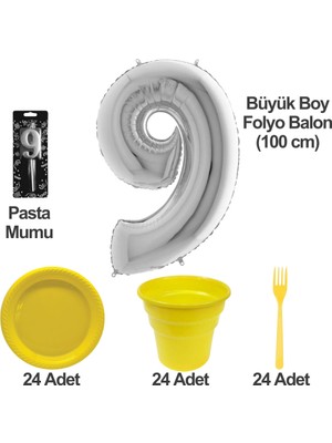 9 Yaş Pasta Mumu - 9 Yaş Folyo Balon - Tabak Bardak Çatal - Sarı