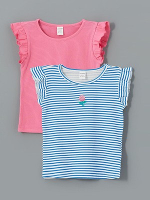 LC Waikiki Lcw Baby Çizgili Fırfırlı Kız Bebek Tişört 2'li Günlük Kullanım İçin Rahat Pamuklu