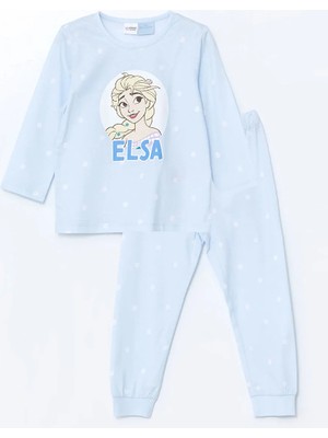 LC Waikiki Lcw Kids Mavi Bisiklet Yaka Uzun Kollu Elsa Baskılı Kız Bebek Pijama Takım T T