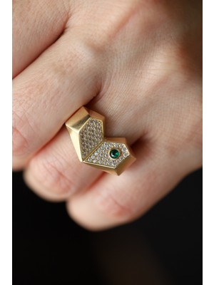 Yenigün Kuyumculuk 14 Ayar Altın Ema Yeşil Taş Detaylı Taşlı Yüzük