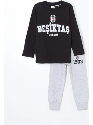 Lc Waıkıkı Siyah Bisiklet Yaka Baskılı Uzun Kollu Erkek Bebek Pijama Takımı T T