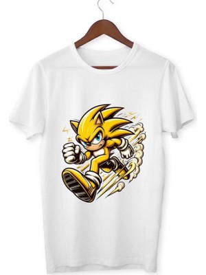 Alpşan Ticaret Sarı Sonic Baskılı Tişört Sonic T-Shirt Beyaz
