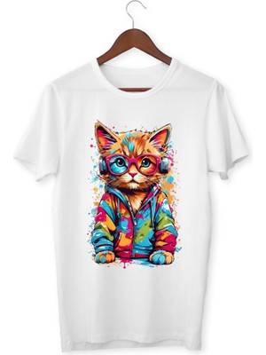 Alpşan Ticaret Kedi Baskılı Tişört Kedicik Çocuk Yetişkin Beyaz T-Shirt  Çocuk Tişört