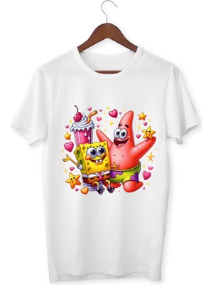 Alpşan Ticaret Sünger Bob Tişört Çocuk Yetişkin Beyaz T-Shirt  Çocuk Tişört