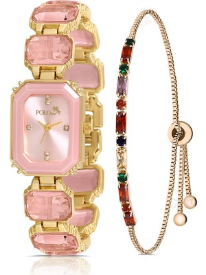 Lüx Taşlı Kadın Kol Saati Asansörlü Renkli Bileklik Kombin Gold Pembe Renk PL-1512B4