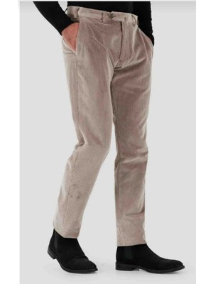 Rewoly Klasik Kesim Bej Rengı Kadife Pantolon