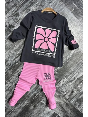 Miniğimin Cicileri Çerçeveli Çiçek Desen  Fitilli Kız Çocuk taytlı takım - Pembe