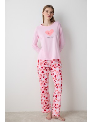 Penti Cute Hearts Pantolon Açık Pembe Pamuklu Pijama Takımı - Penti Loves Paris Koleksiyonu