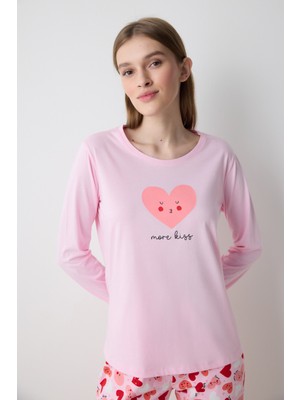 Penti Cute Hearts Pantolon Açık Pembe Pamuklu Pijama Takımı - Penti Loves Paris Koleksiyonu