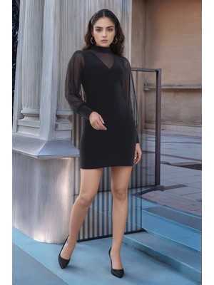 Defy Moda Kadın Balıkçı Yaka Transparan Detay Fırsat Ürün Sandy Kumaş Mini Elbise