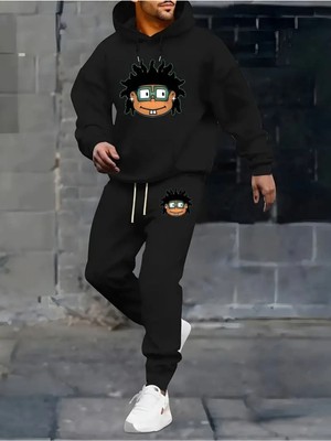 Erkek Hip Hop Baskılı Alt Üst Siyah Gri Kapşonlu Eşofman Takımı Oversize Boyfirend