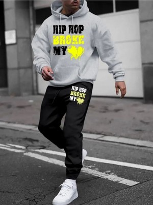 Erkek Hip Hop Baskılı Alt Üst Siyah Gri Kapşonlu Eşofman Takımı Oversize Boyfirend