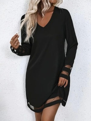 Kadın Uzun Kollu V Yakalı Şerti Tüp Detaylı A Kesim Ithal Krep Elbise