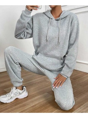 Kadın Basic Gri Alt Üst Eşofman Takımı Oversize Kanguru Cepli Kapüşonlu
