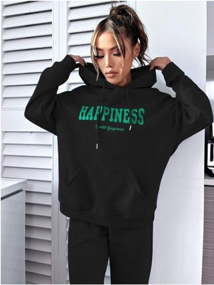 Kadın Gri Happiness Alt Üst Eşofman Takımı Oversize Kapüşonlu